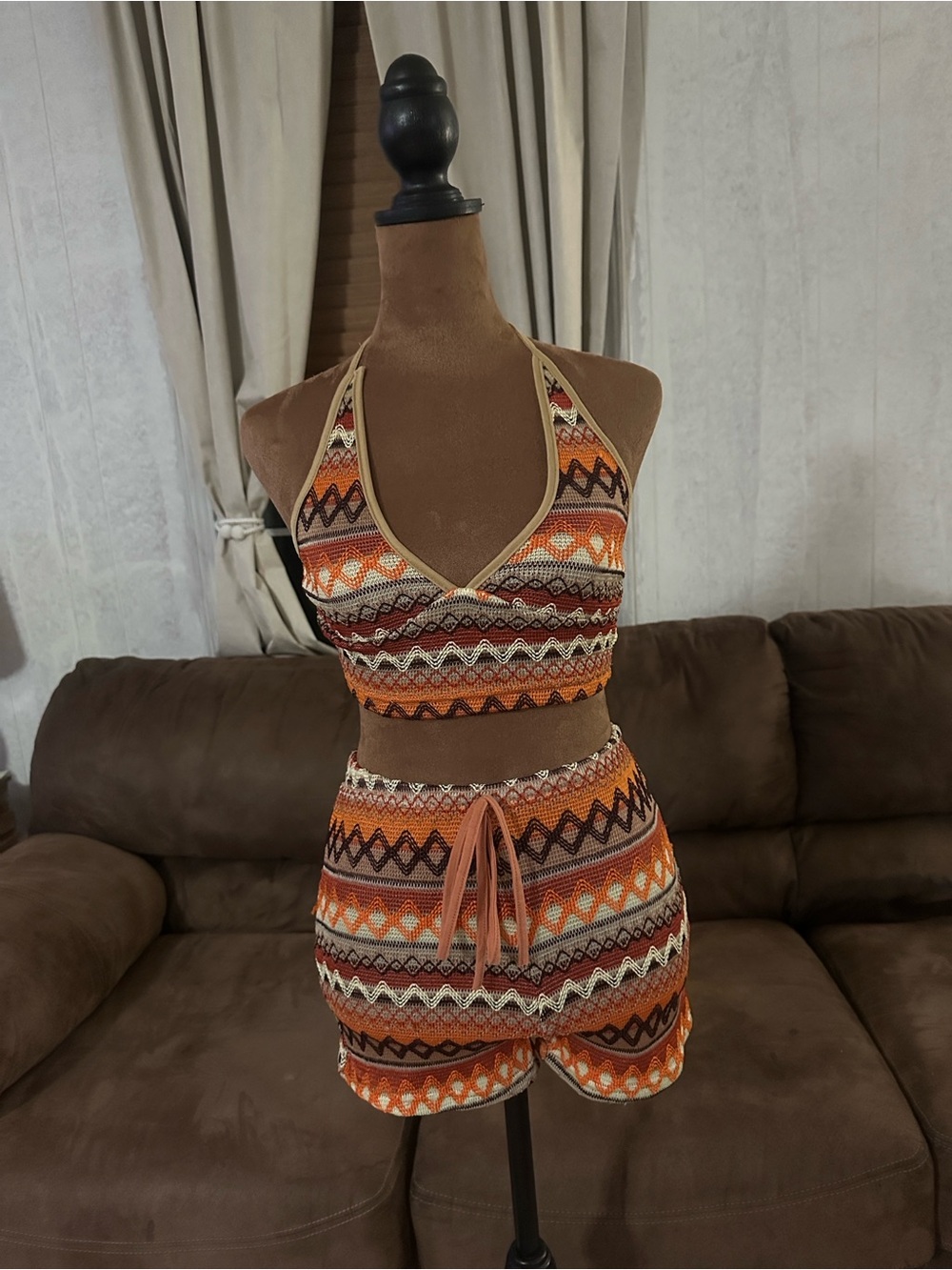 SHEIN 2 Piece Crochet Knit Beach Cover Up Set XS Boho Halter Crop Top & Shorts